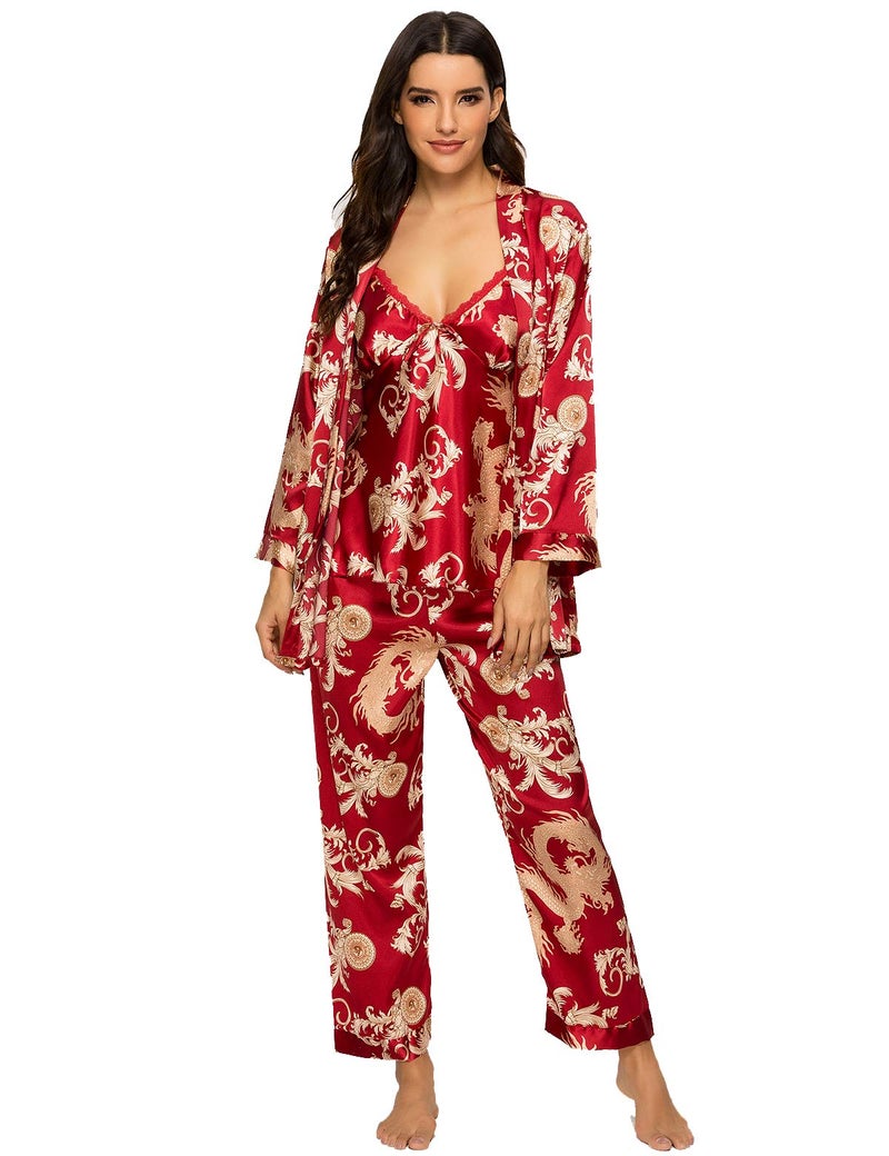 Escalier Women's Silk Satin Pajamas Set 3 Pcs Floral Silky Pj Sets Sleepwear Cami Nightwear with Robe and Pants Wine 2XL - Image 1